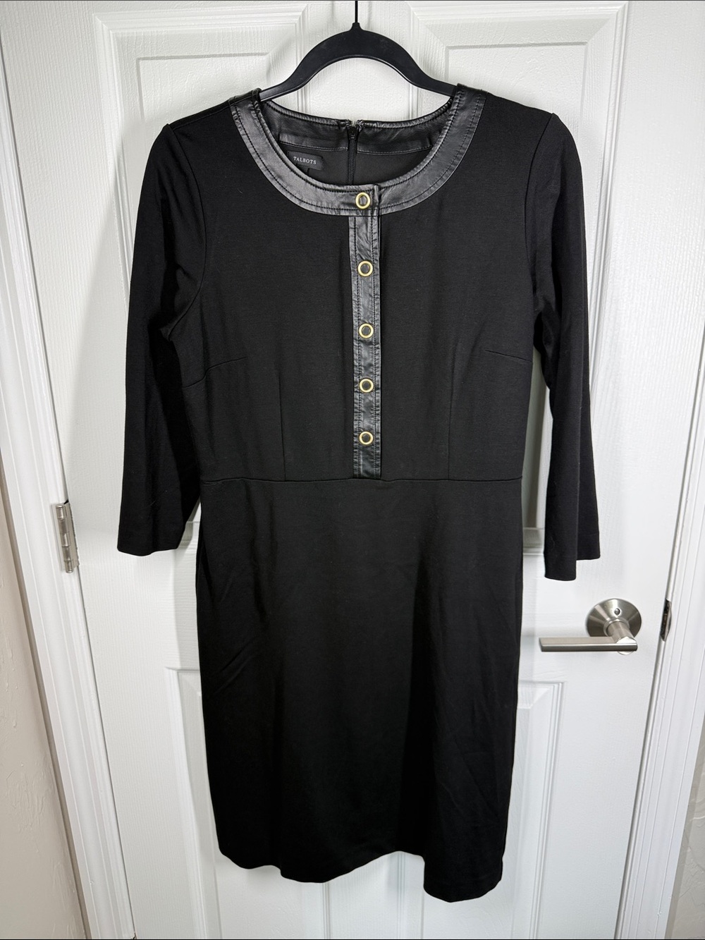 Talbots leather trim black dress with snap closure front size 6